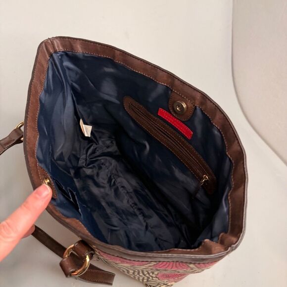 Tommy Hilfiger Pink Floral Canvas Tote Bag Brown Leather Accents 17"x10"x5" EUC - Picture 9 of 16